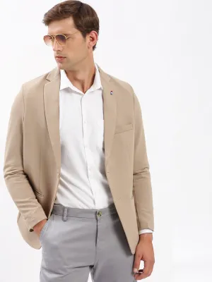Men Beige Slim-Fit Notched Lapel Collar Single-Breasted Blazer