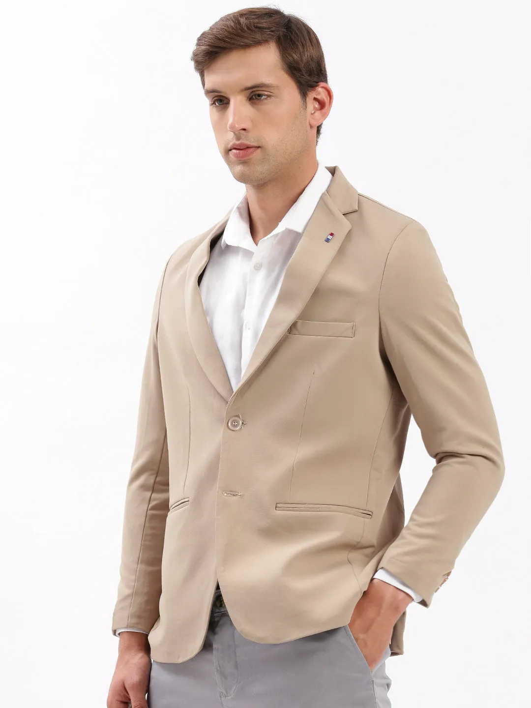 Men Beige Slim-Fit Notched Lapel Collar Single-Breasted Blazer