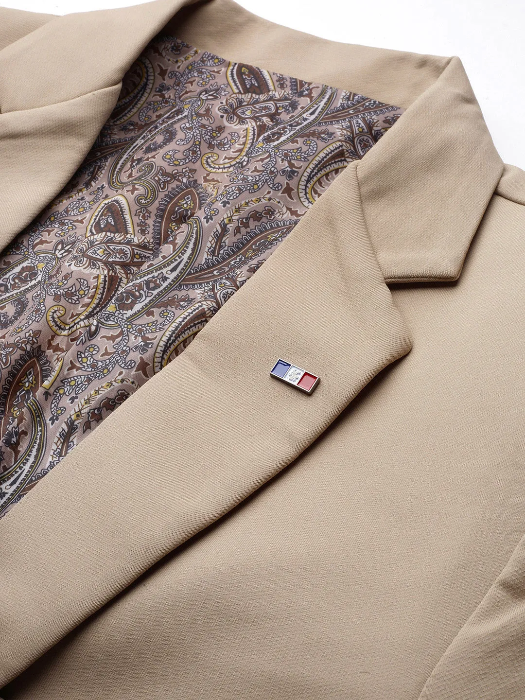 Men Beige Slim-Fit Notched Lapel Collar Single-Breasted Blazer