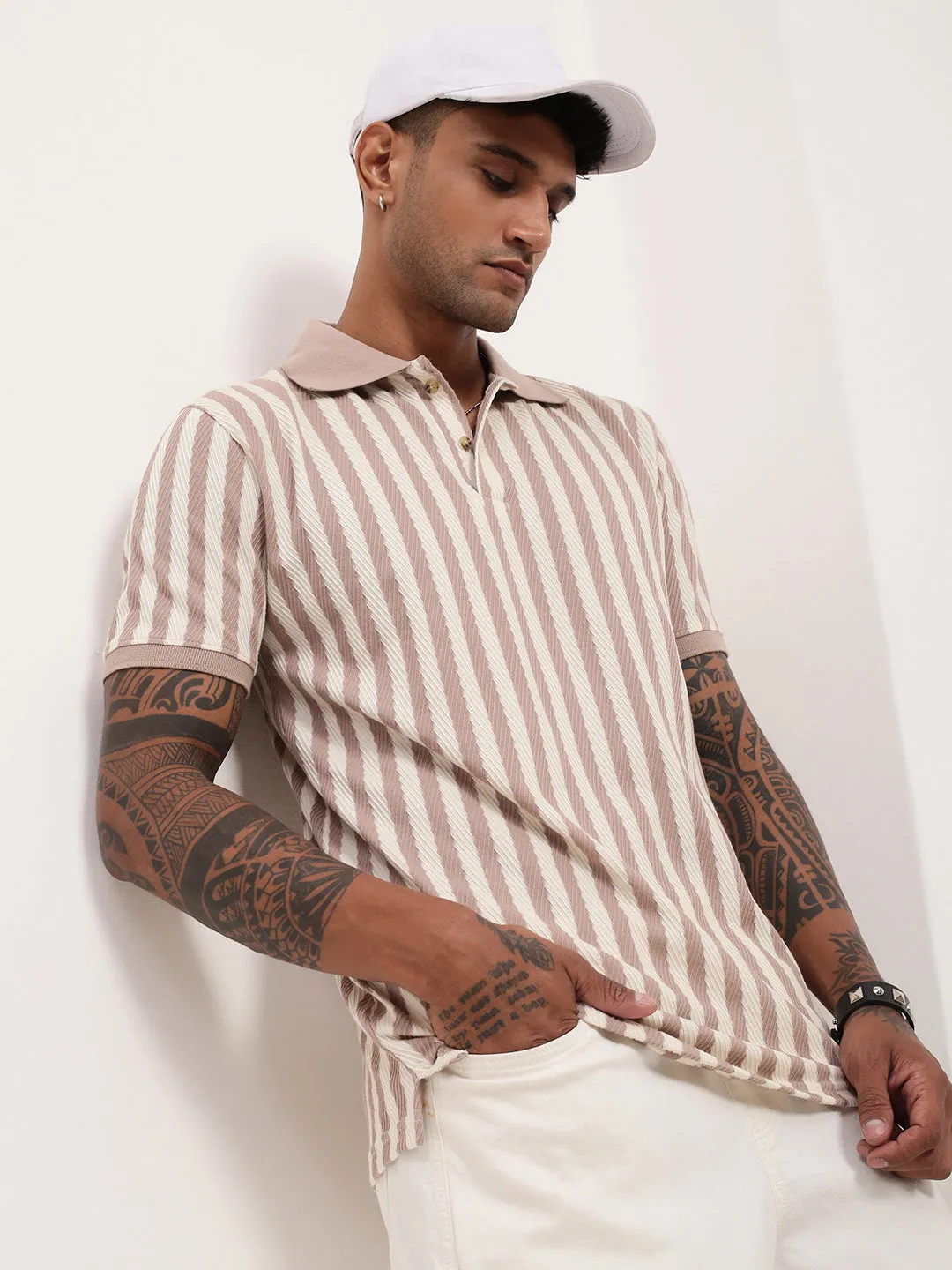Men Beige Striped Cotton T-Shirt