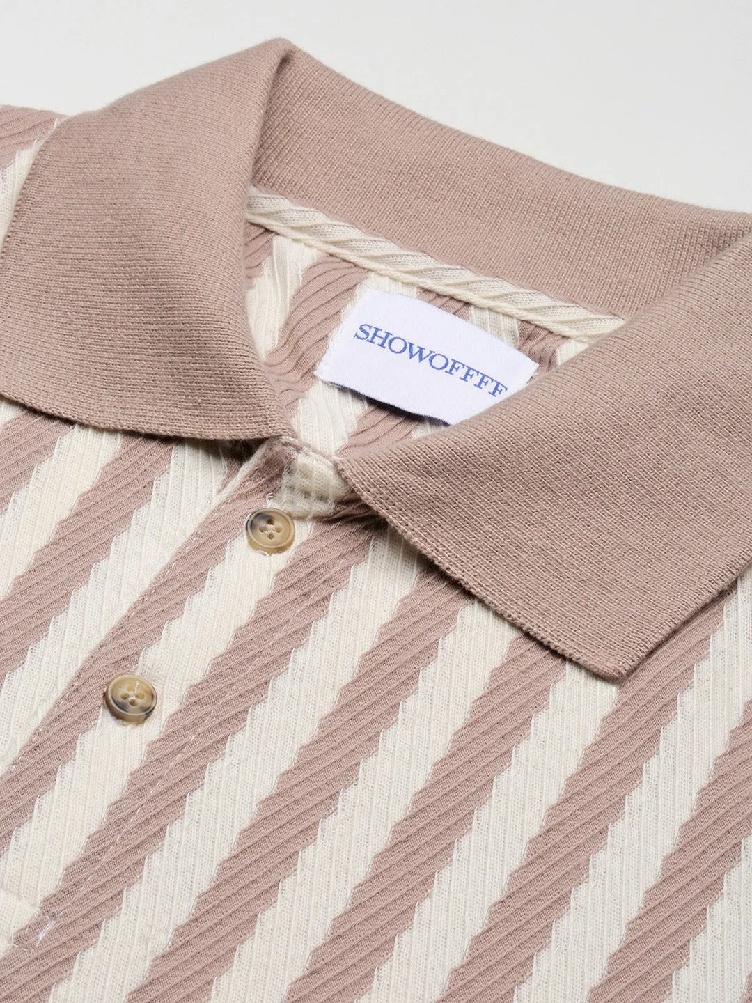 Men Beige Striped Cotton T-Shirt