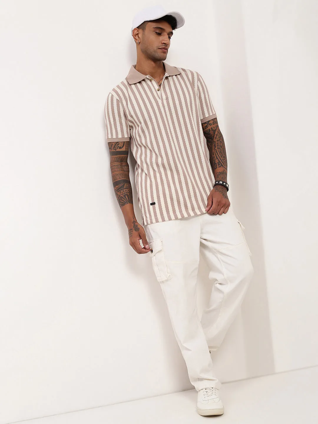 Men Beige Striped Cotton T-Shirt