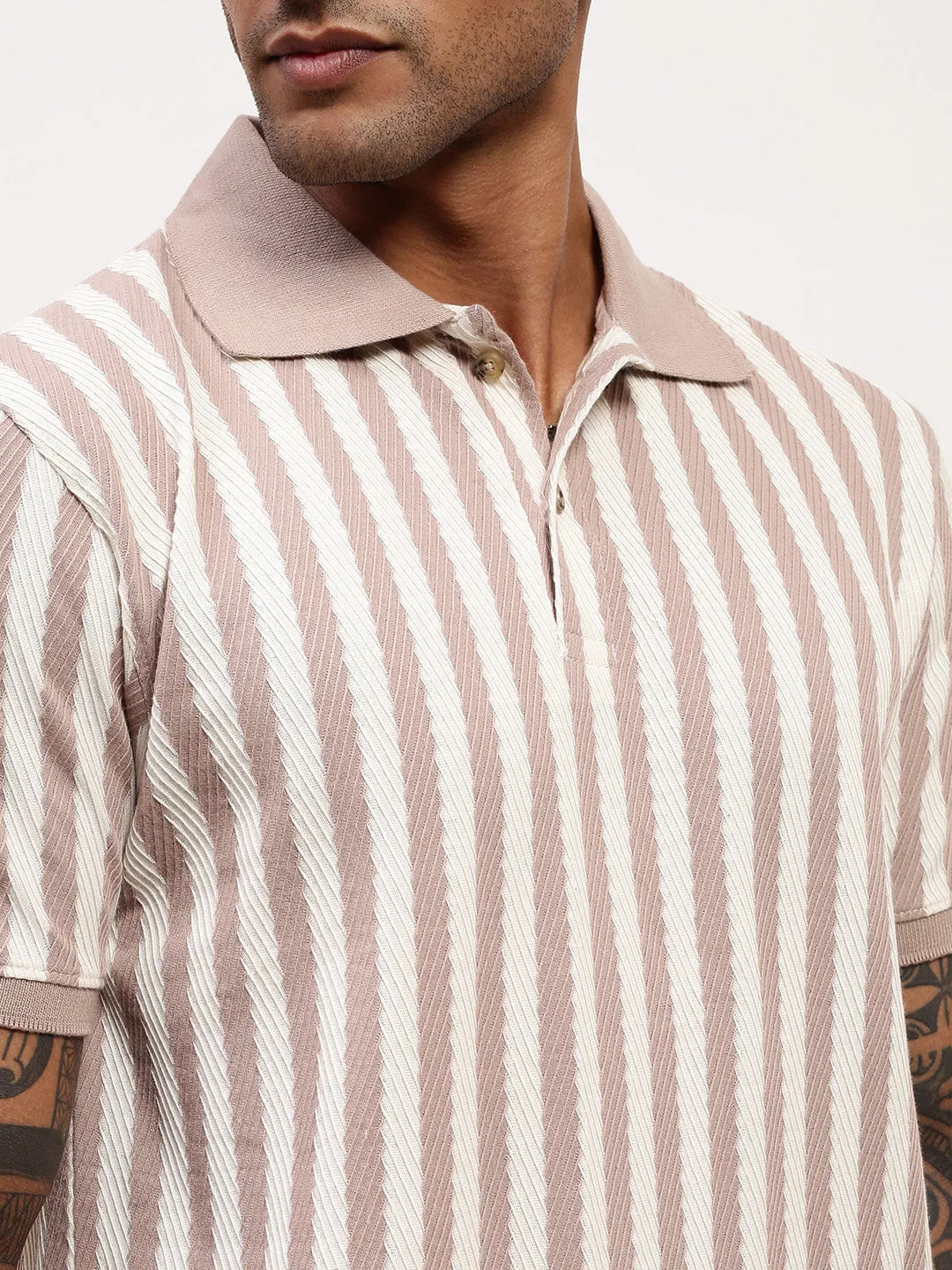 Men Beige Striped Cotton T-Shirt