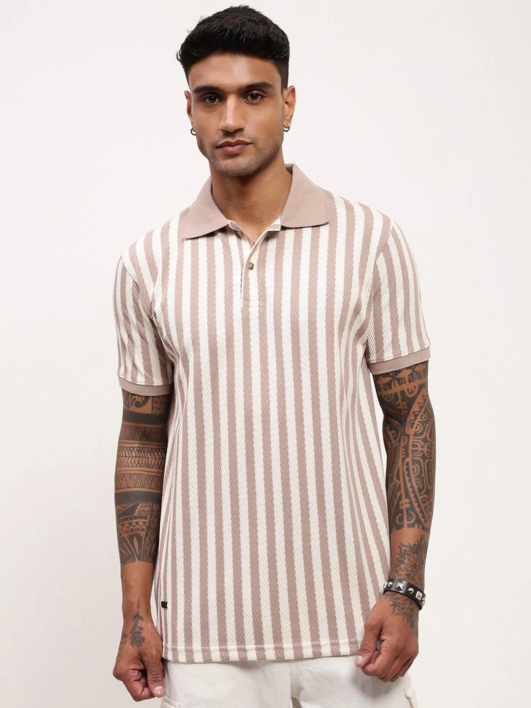 Men Beige Striped Cotton T-Shirt