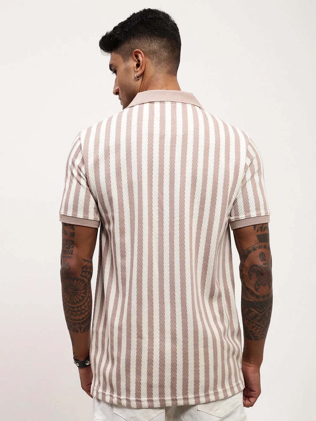 Men Beige Striped Cotton T-Shirt