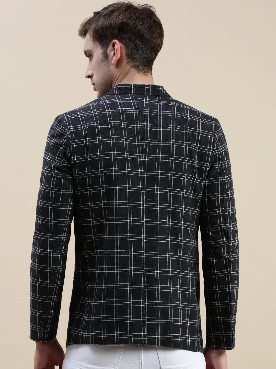 Men Black Checked Notched Lapel Slim-Fit Single-Breasted Blazer