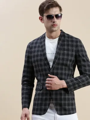 Men Black Checked Notched Lapel Slim-Fit Single-Breasted Blazer
