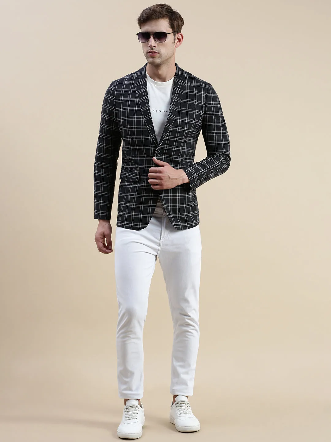 Men Black Checked Notched Lapel Slim-Fit Single-Breasted Blazer