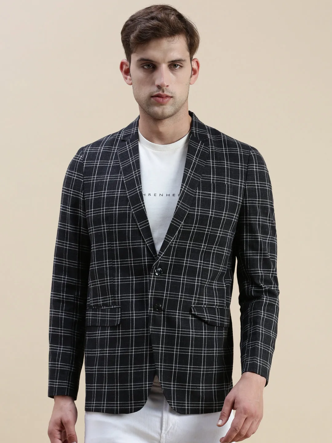 Men Black Checked Notched Lapel Slim-Fit Single-Breasted Blazer