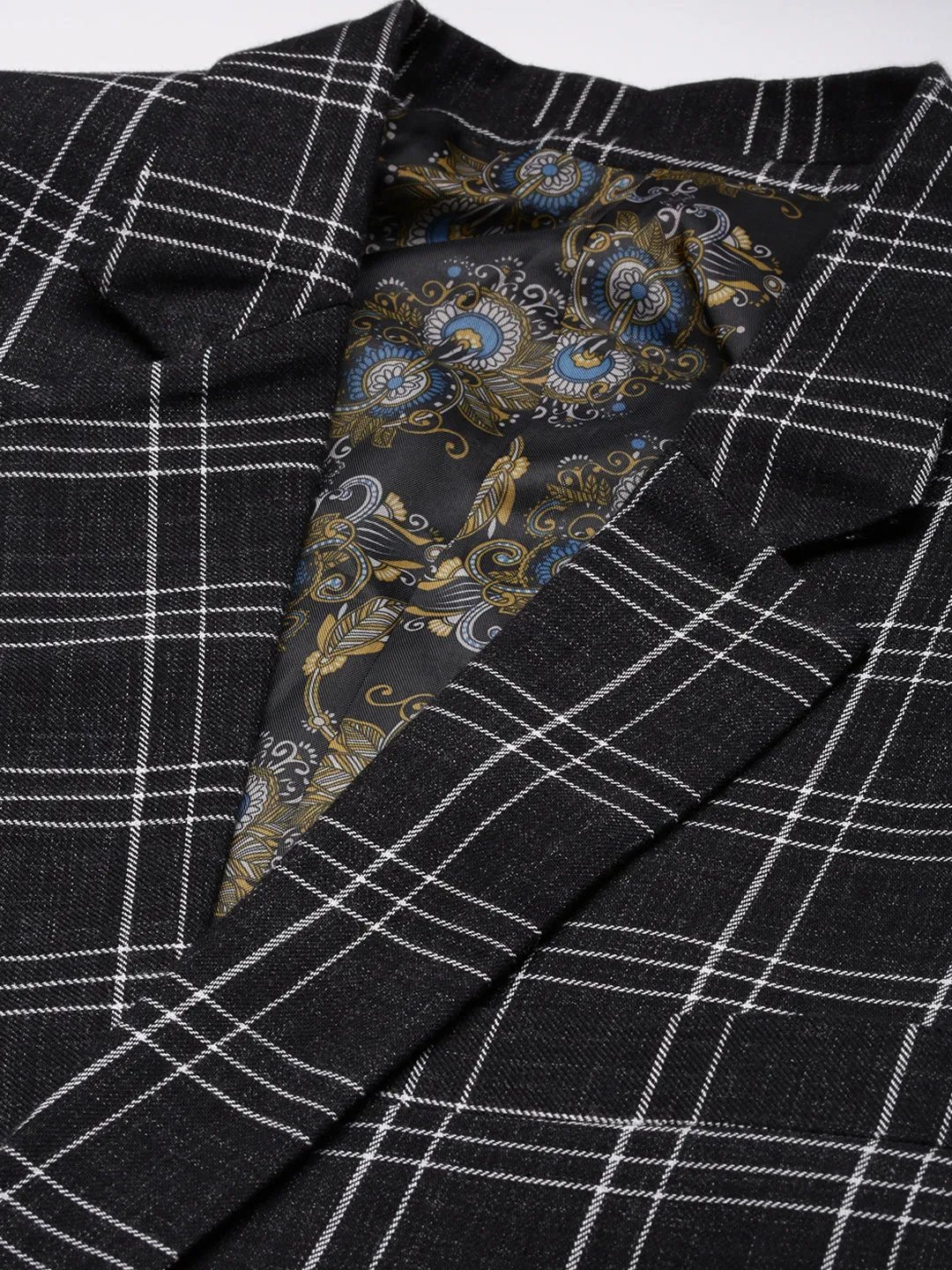 Men Black Checked Notched Lapel Slim-Fit Single-Breasted Blazer