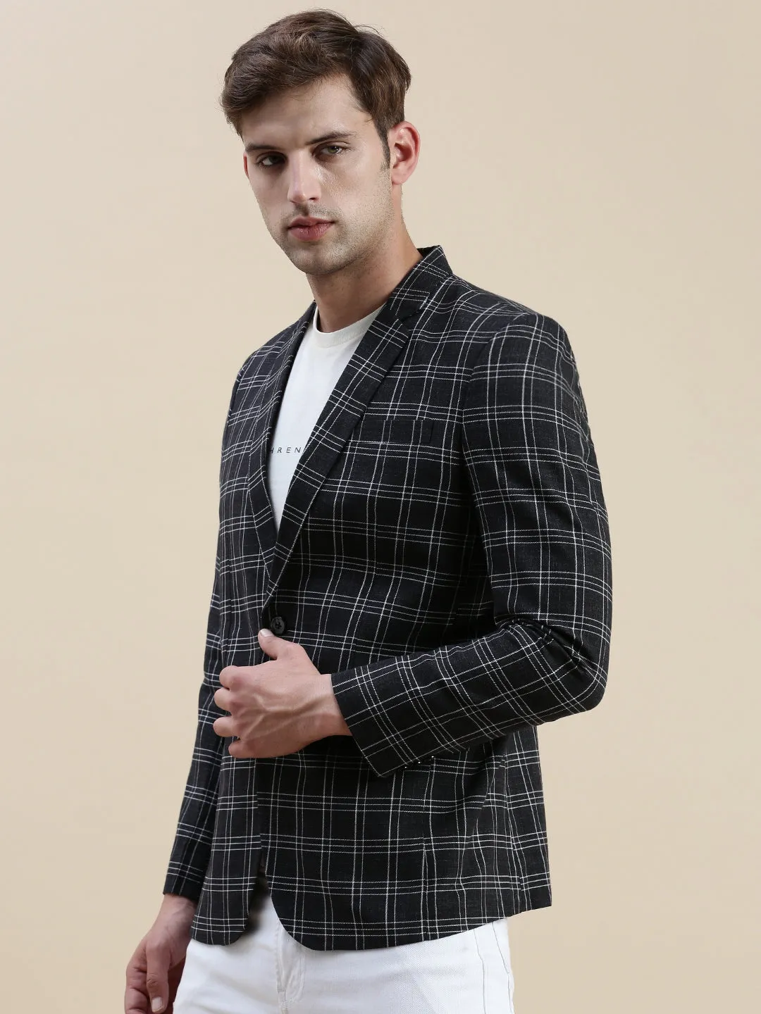 Men Black Checked Notched Lapel Slim-Fit Single-Breasted Blazer