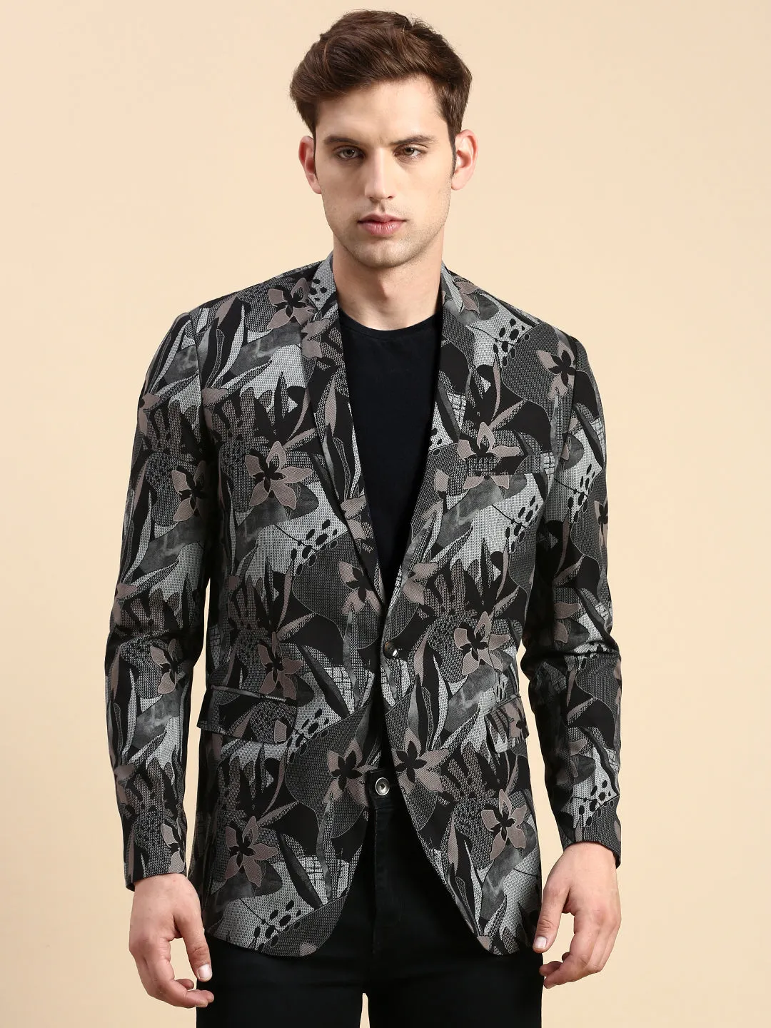 Men Black Printed Slim-Fit Single Breasted Blazer