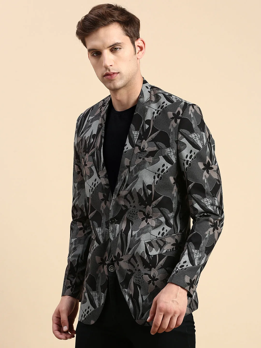 Men Black Printed Slim-Fit Single Breasted Blazer