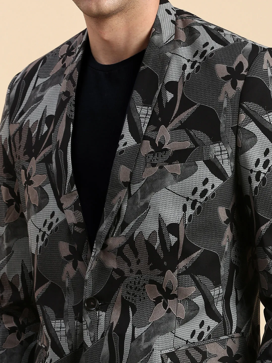 Men Black Printed Slim-Fit Single Breasted Blazer
