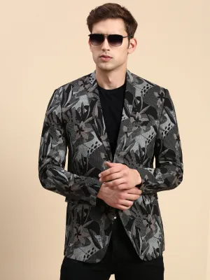 Men Black Printed Slim-Fit Single Breasted Blazer