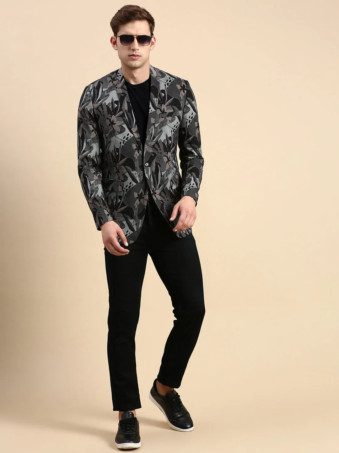 Men Black Printed Slim-Fit Single Breasted Blazer