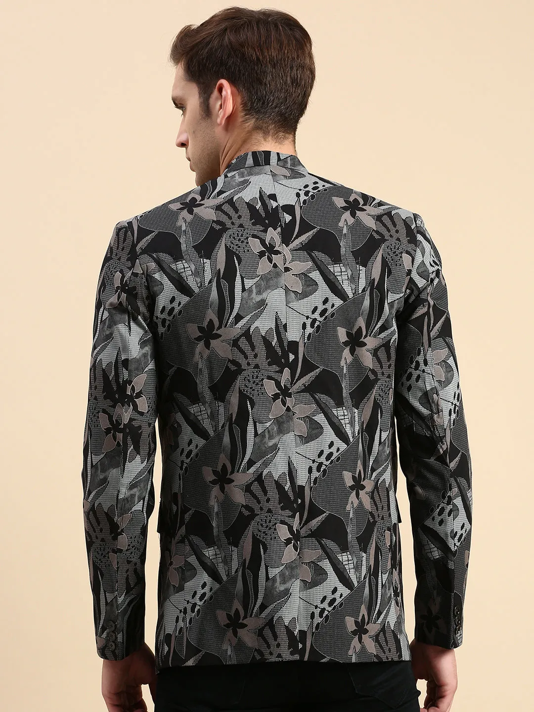 Men Black Printed Slim-Fit Single Breasted Blazer