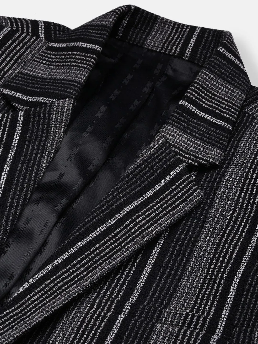 Men Black Striped Slim Fit Single Breasted Blazer
