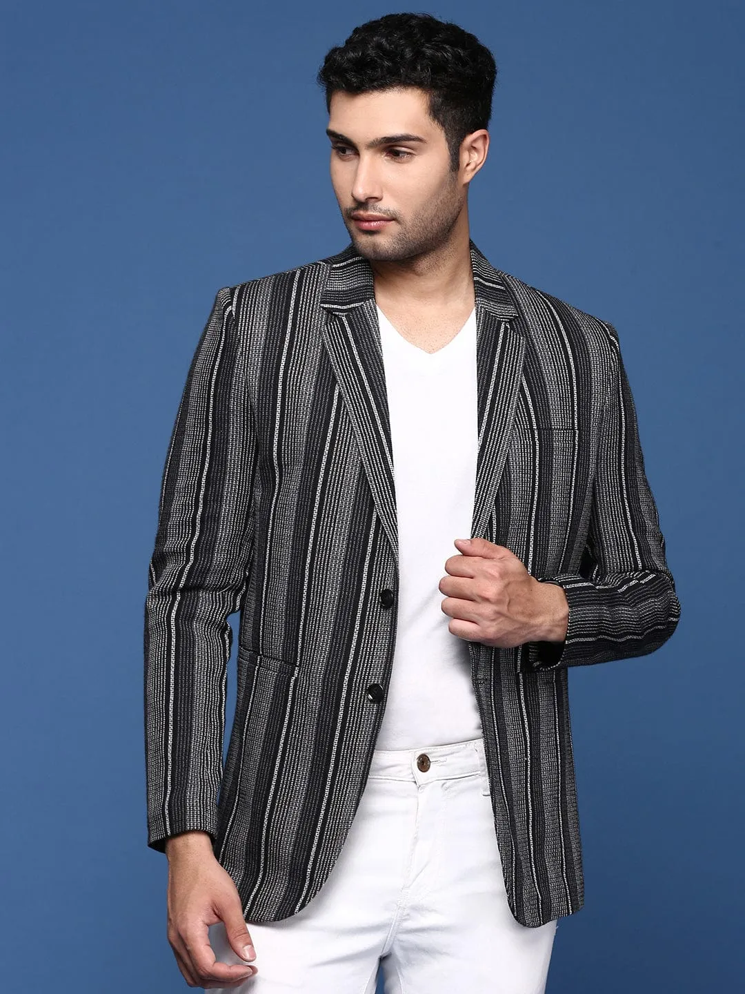 Men Black Striped Slim Fit Single Breasted Blazer