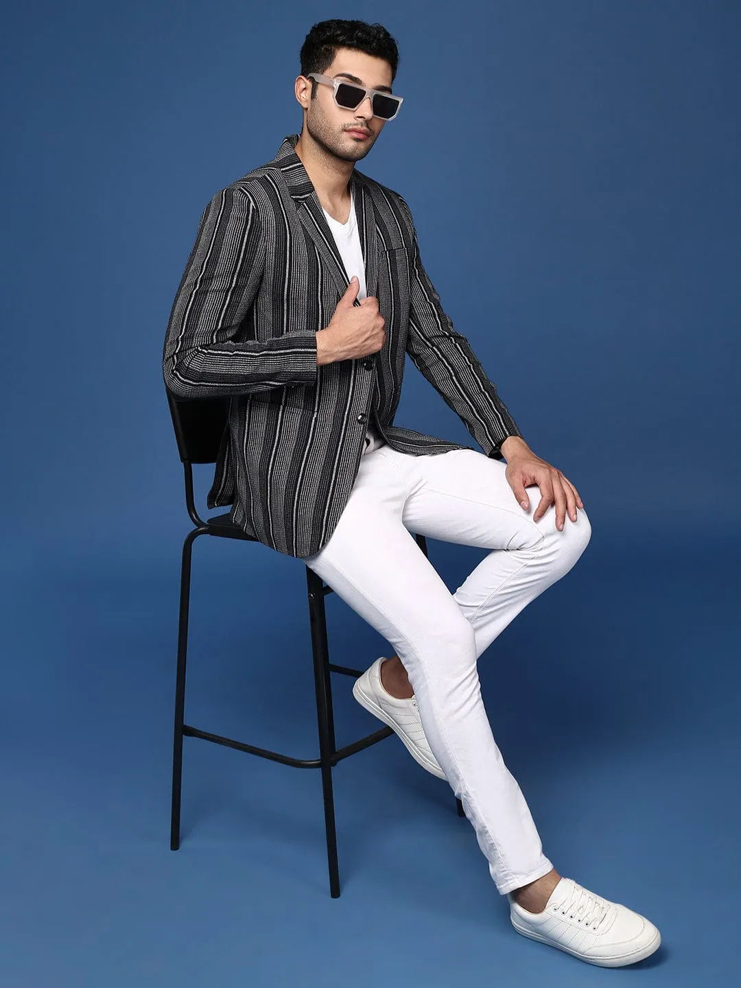 Men Black Striped Slim Fit Single Breasted Blazer