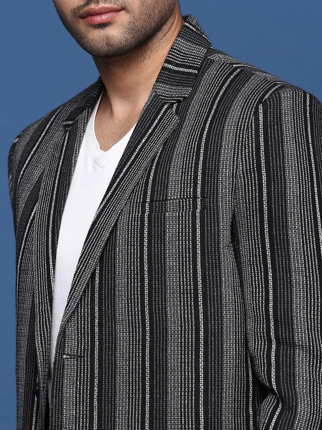 Men Black Striped Slim Fit Single Breasted Blazer