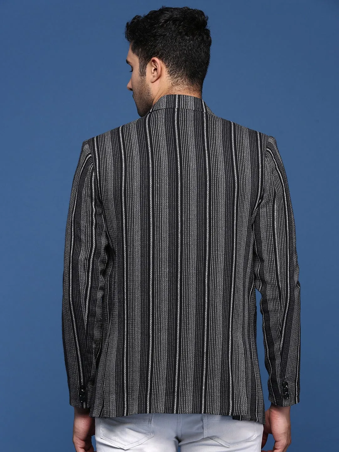 Men Black Striped Slim Fit Single Breasted Blazer