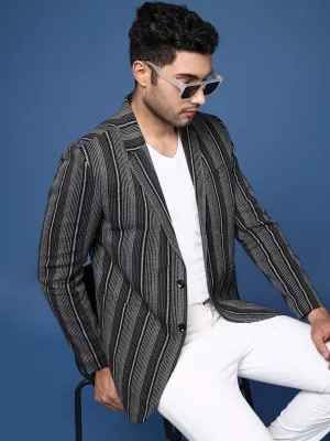 Men Black Striped Slim Fit Single Breasted Blazer