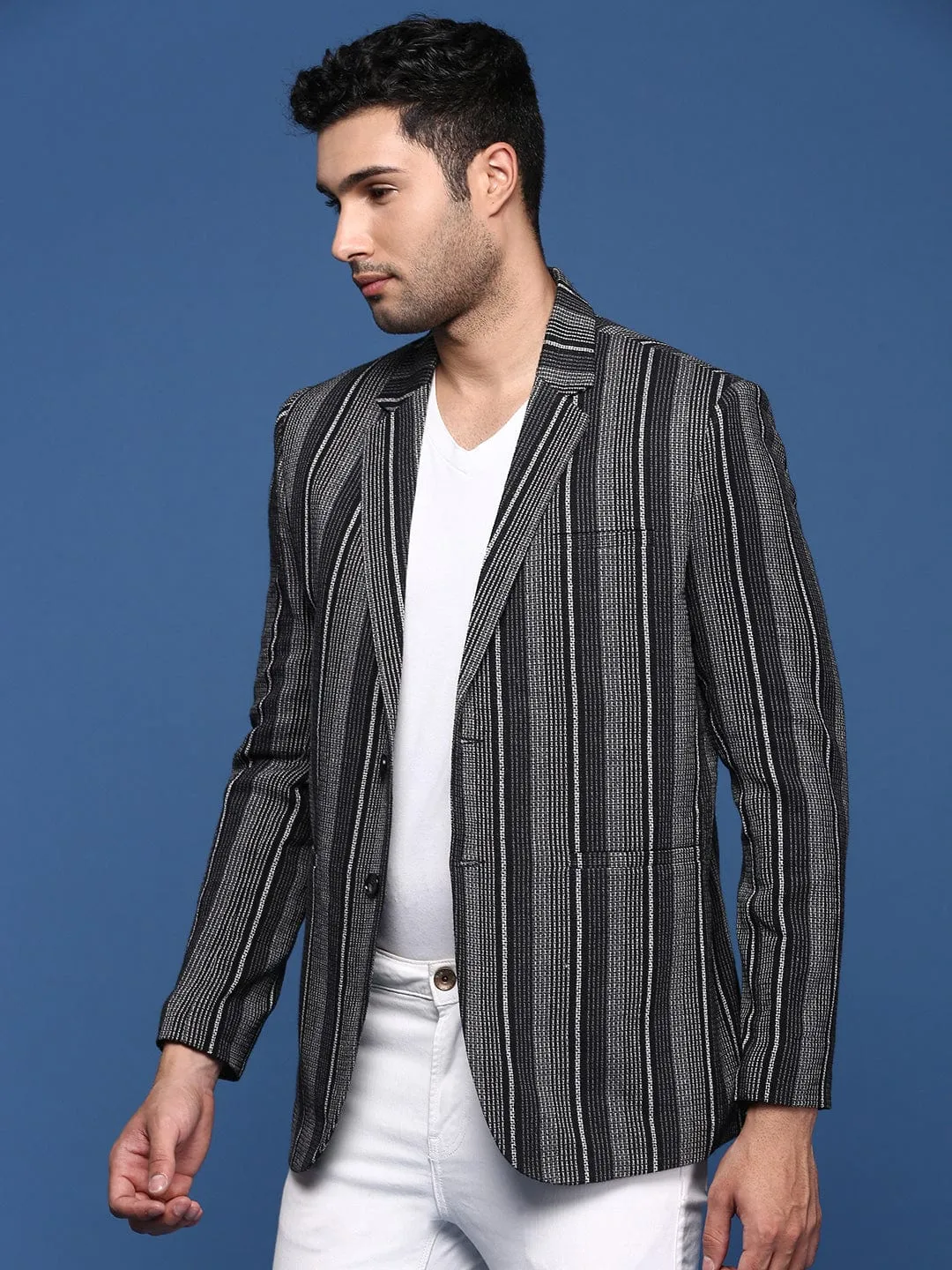 Men Black Striped Slim Fit Single Breasted Blazer