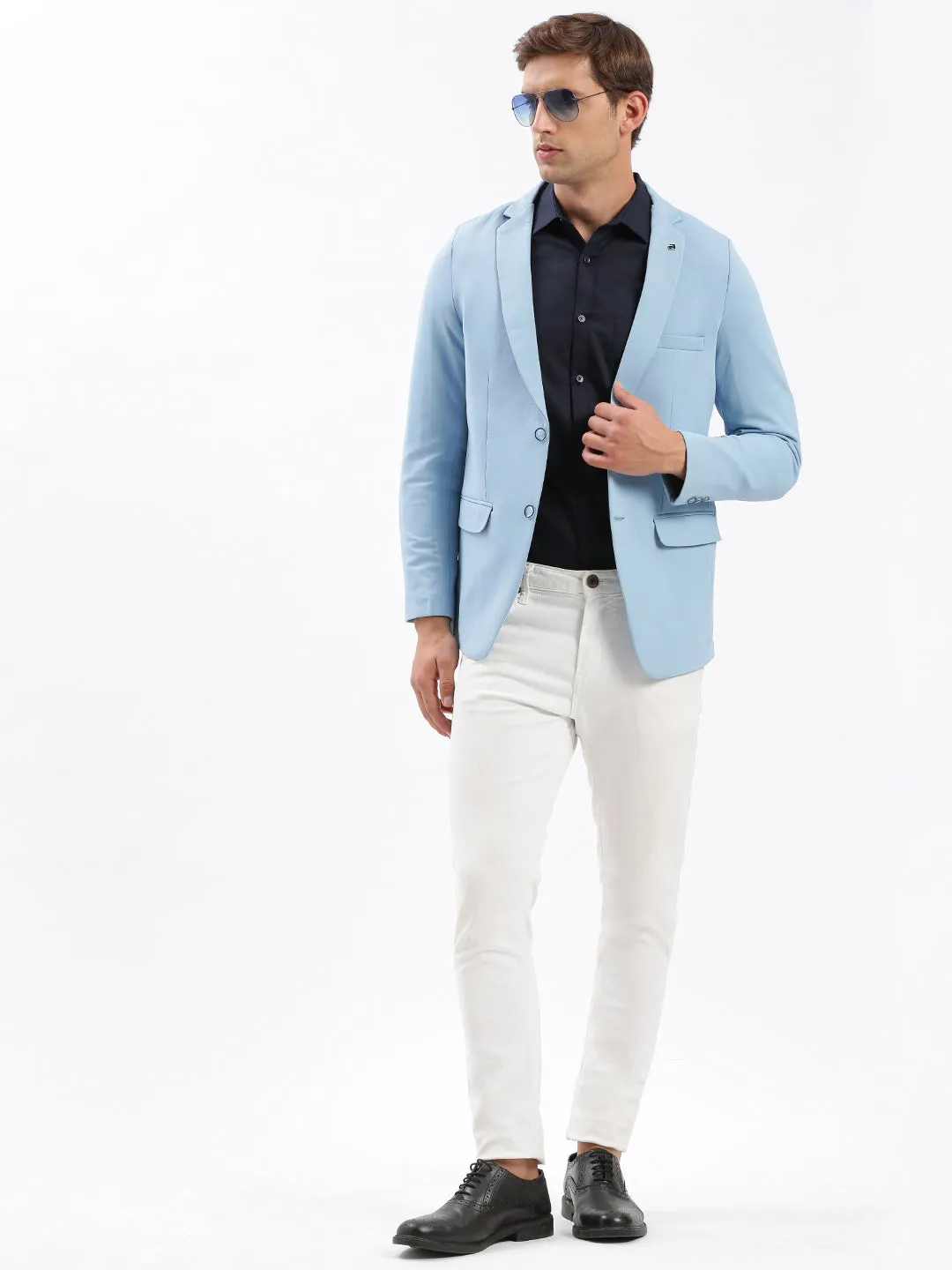 Men Blue Slim Fit Notched Lapel Single-Breasted Casual Blazer