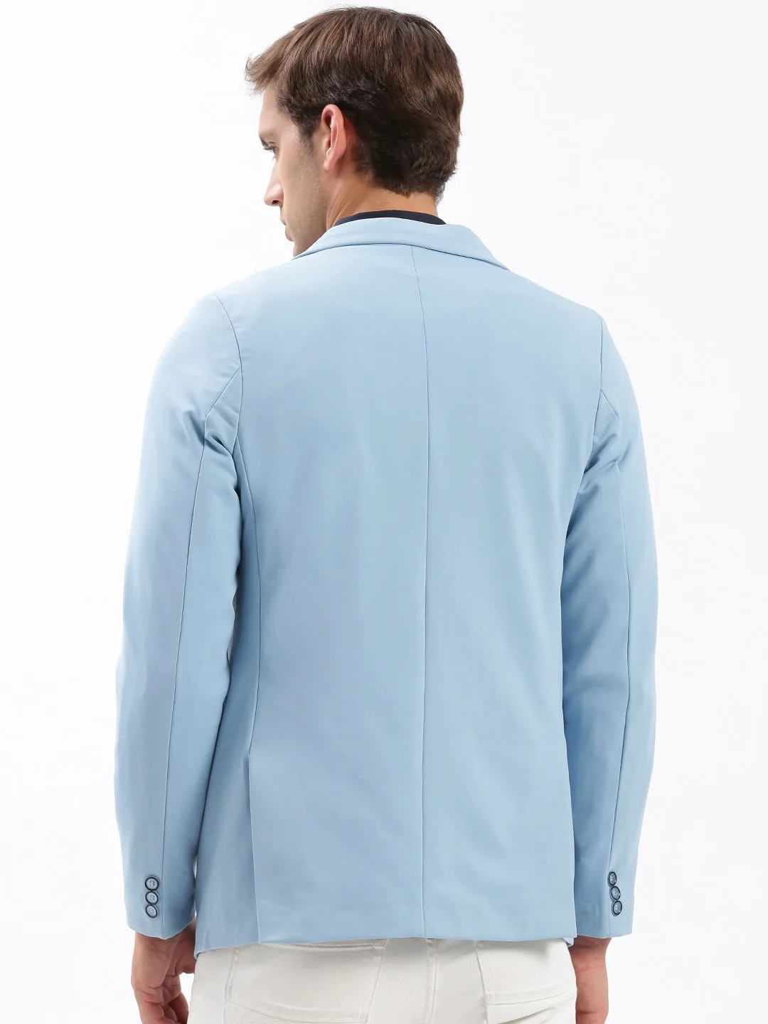 Men Blue Slim Fit Notched Lapel Single-Breasted Casual Blazer