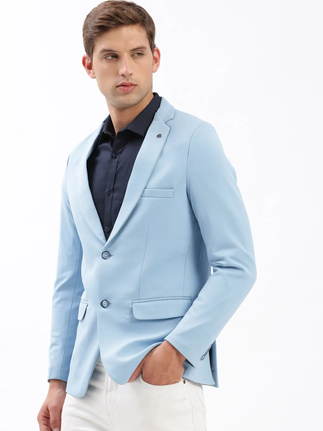 Men Blue Slim Fit Notched Lapel Single-Breasted Casual Blazer