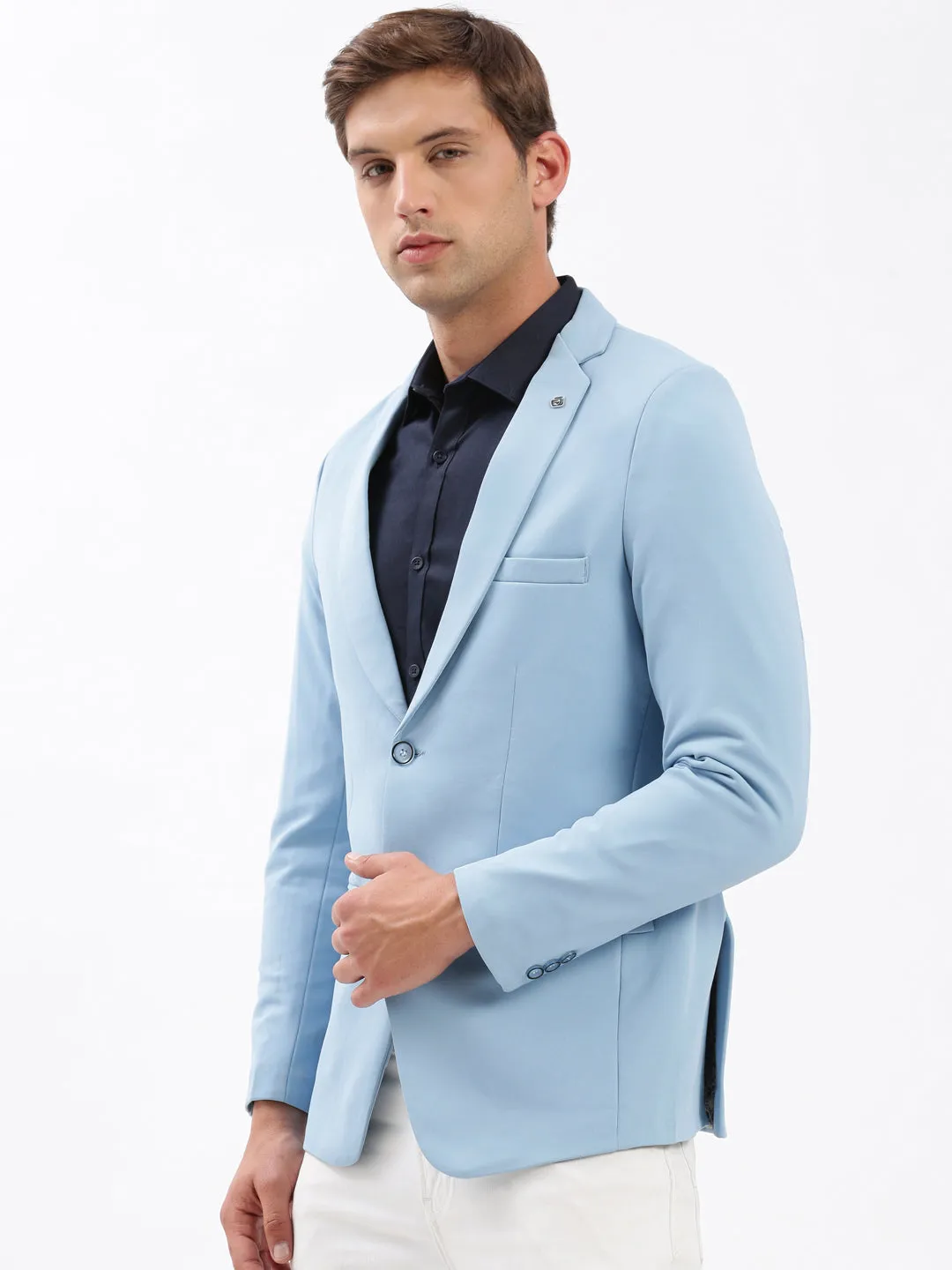 Men Blue Slim Fit Notched Lapel Single-Breasted Casual Blazer