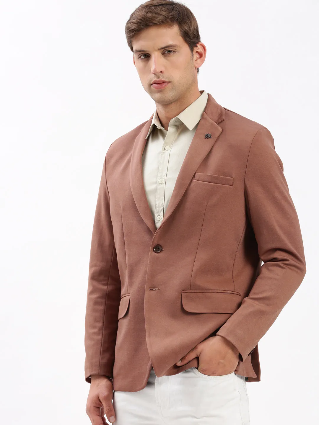 Men Brown Slim Fit Notched Lapel Single-Breasted Casual Blazer