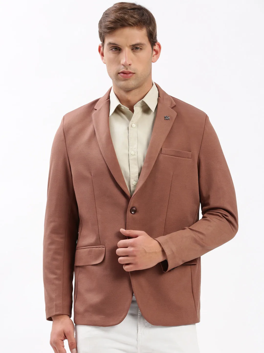 Men Brown Slim Fit Notched Lapel Single-Breasted Casual Blazer