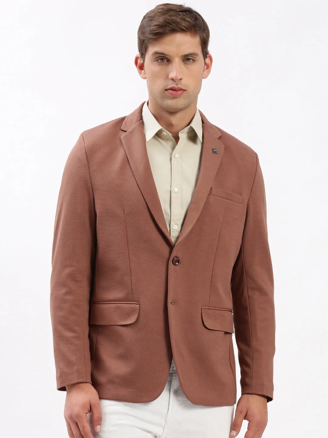 Men Brown Slim Fit Notched Lapel Single-Breasted Casual Blazer