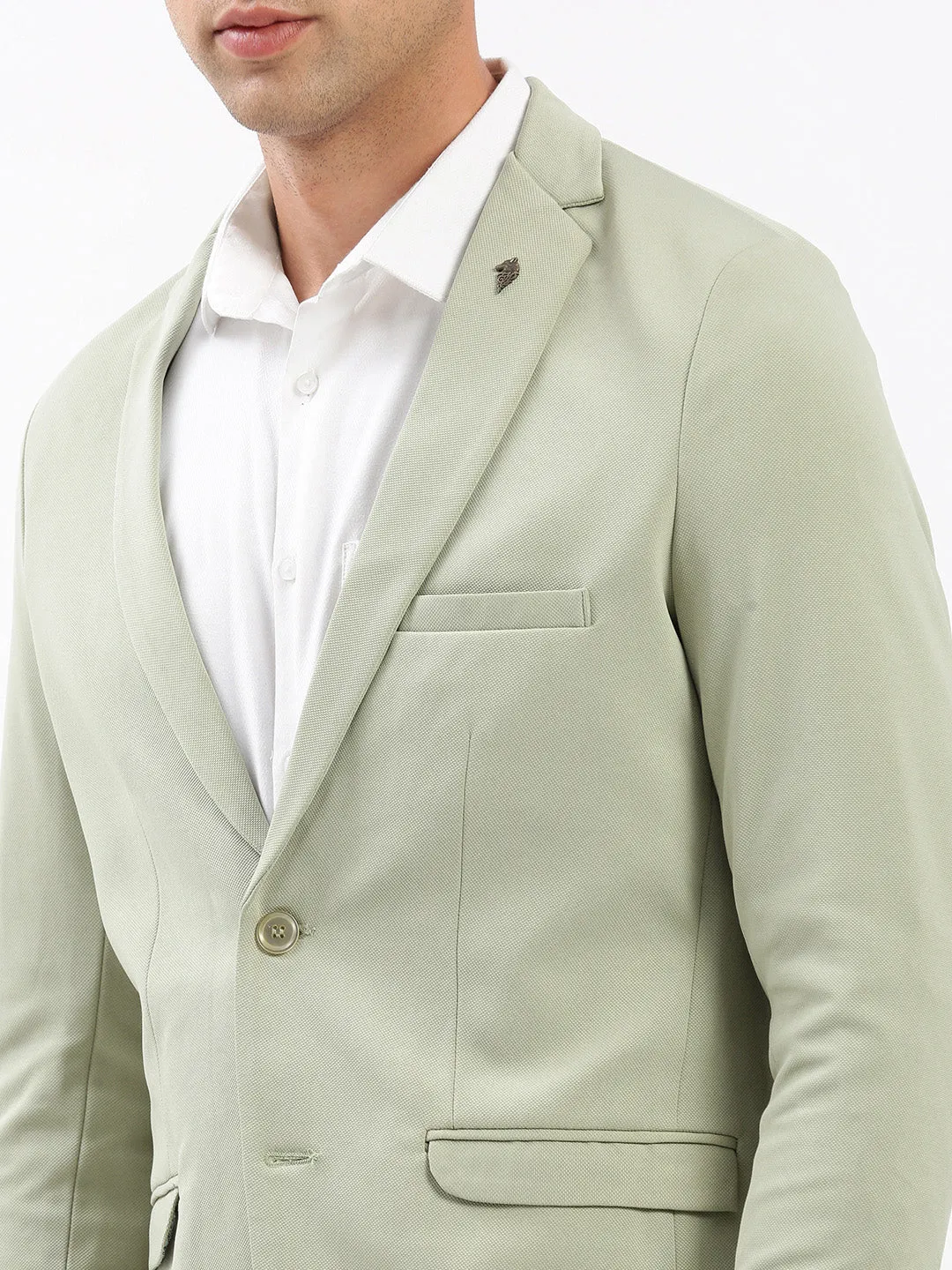 Men Green Notched Lapel Collar Slim-Fit Single Breasted Casual Blazer