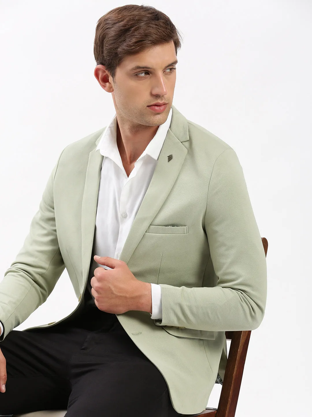 Men Green Notched Lapel Collar Slim-Fit Single Breasted Casual Blazer