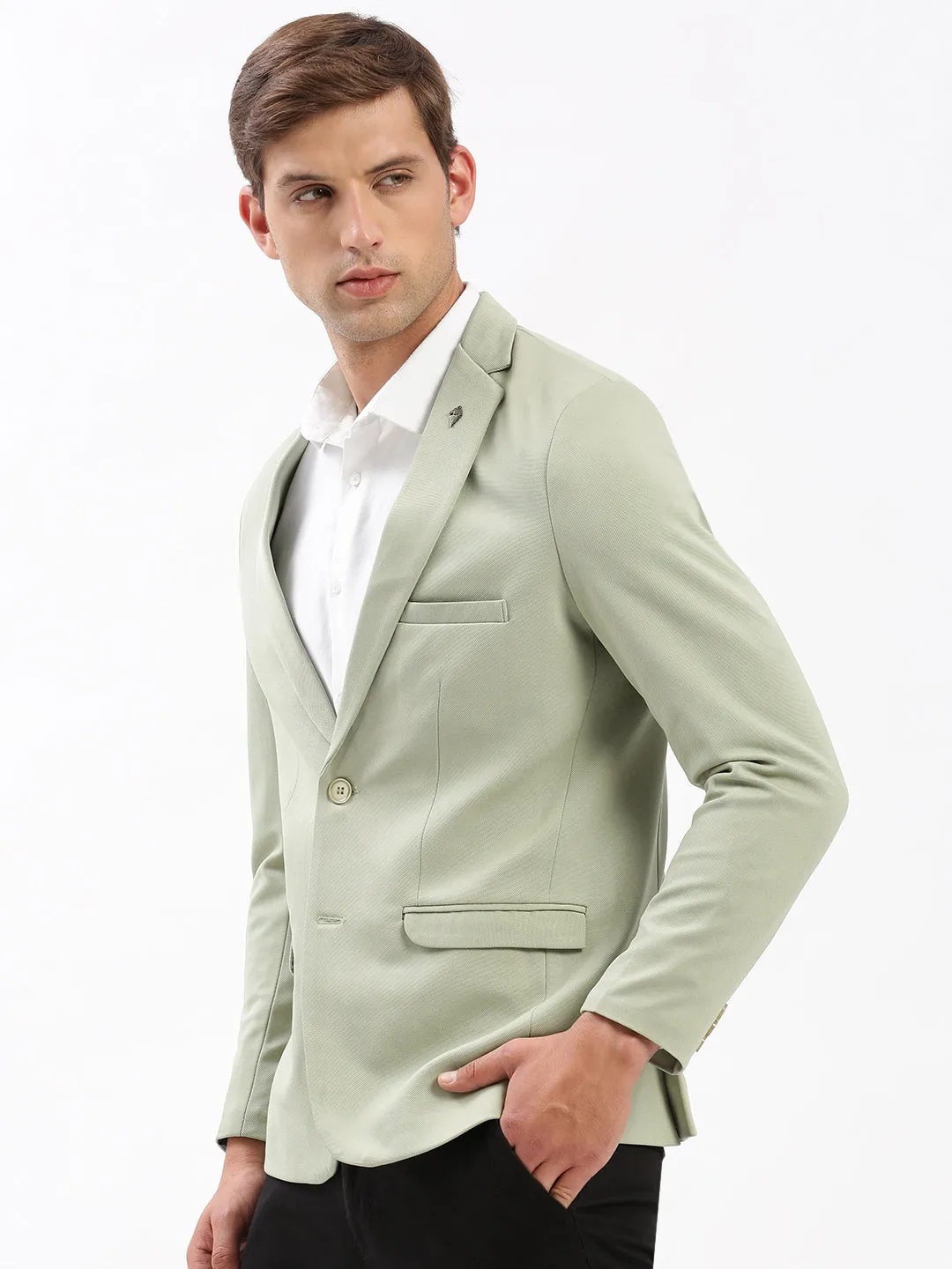 Men Green Notched Lapel Collar Slim-Fit Single Breasted Casual Blazer