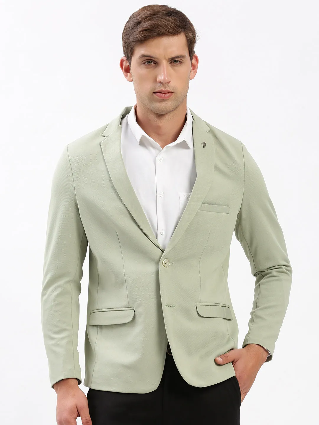 Men Green Notched Lapel Collar Slim-Fit Single Breasted Casual Blazer