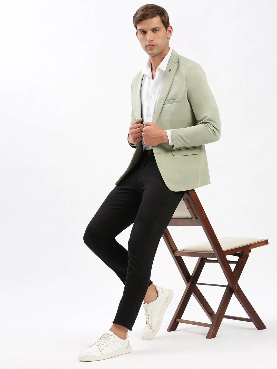 Men Green Notched Lapel Collar Slim-Fit Single Breasted Casual Blazer