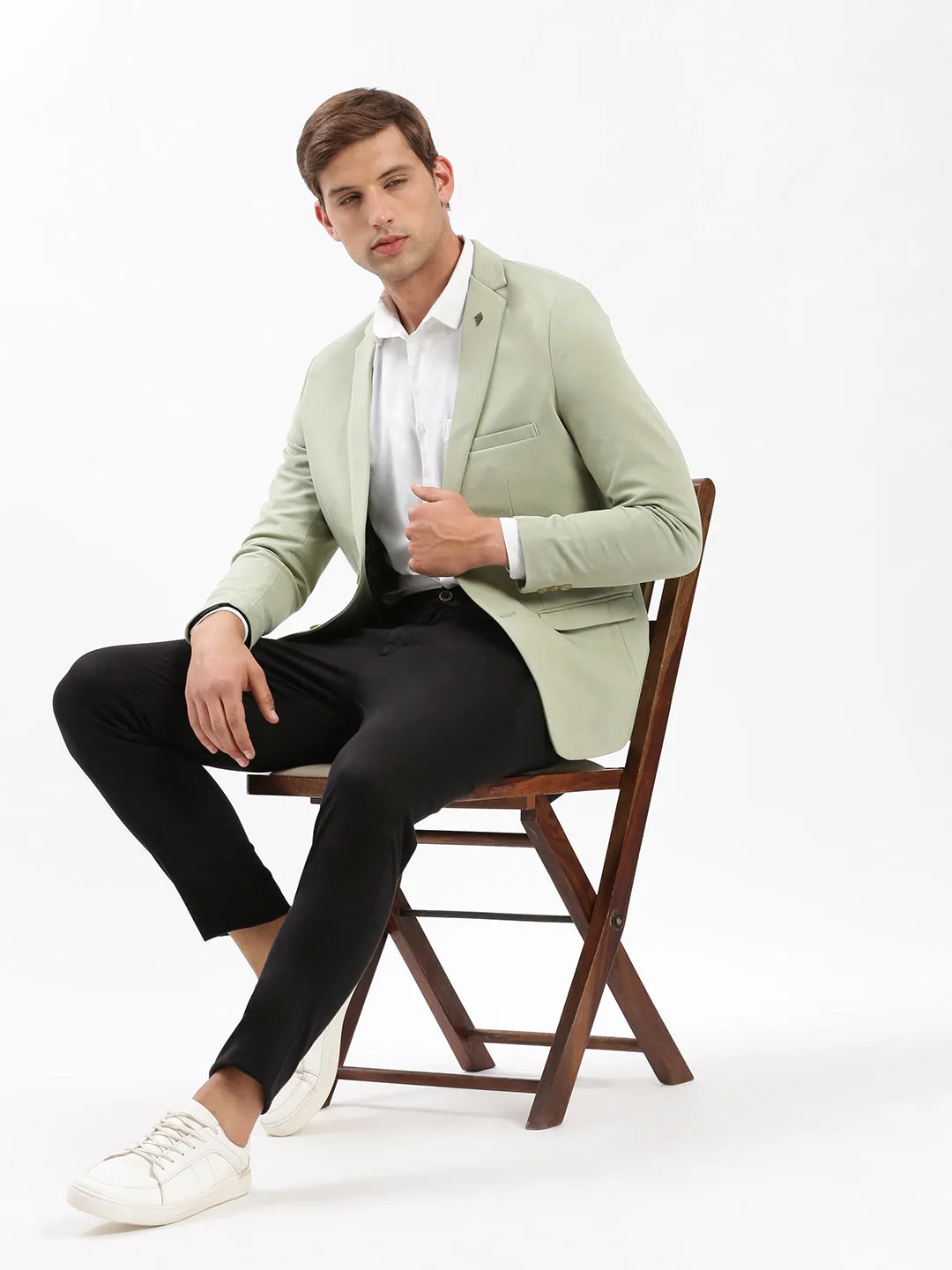 Men Green Notched Lapel Collar Slim-Fit Single Breasted Casual Blazer