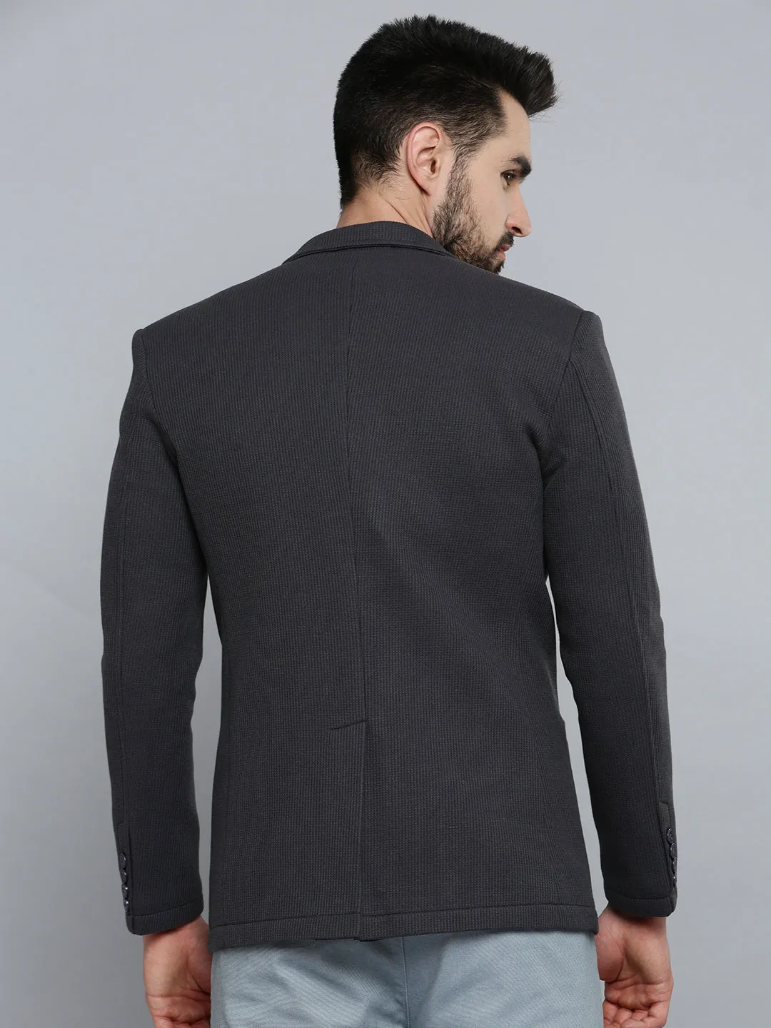 Men Grey Melange Self-Design Single-Breasted Blazer