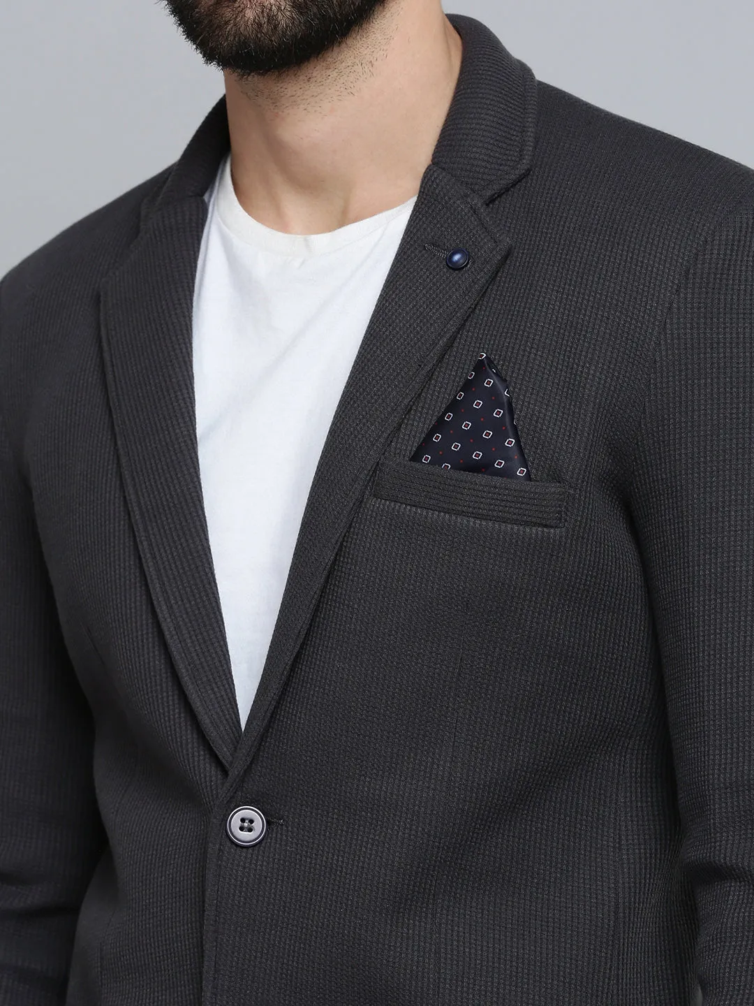 Men Grey Melange Self-Design Single-Breasted Blazer