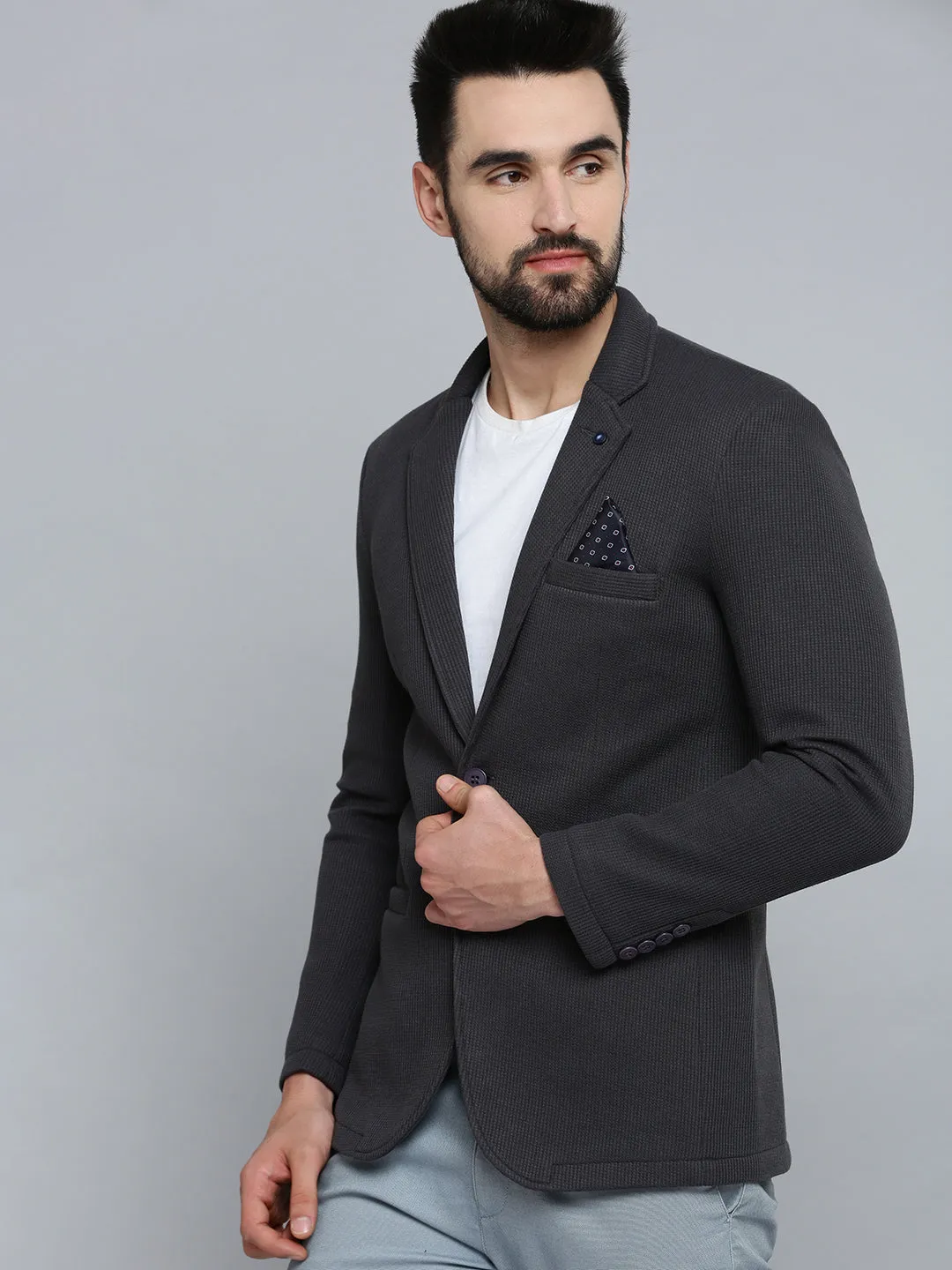Men Grey Melange Self-Design Single-Breasted Blazer