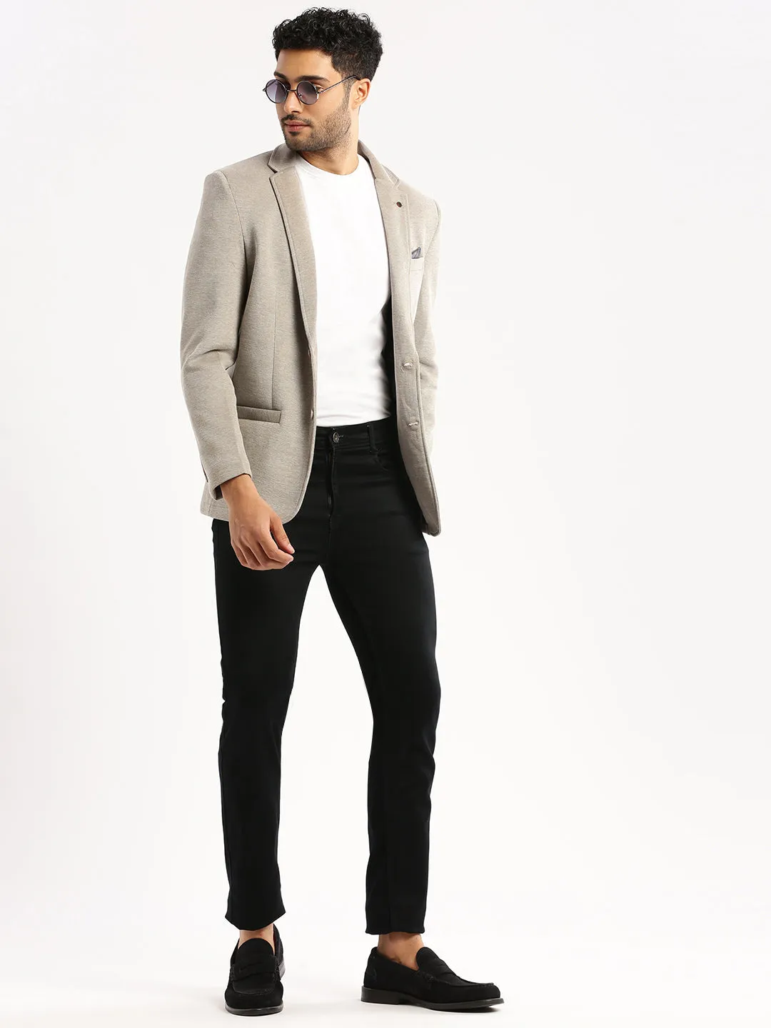 Men Grey Notched Lapel Collar Single-Breasted Slim-Fit Blazer