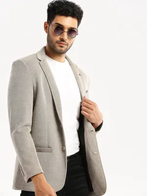 Men Grey Notched Lapel Collar Single-Breasted Slim-Fit Blazer