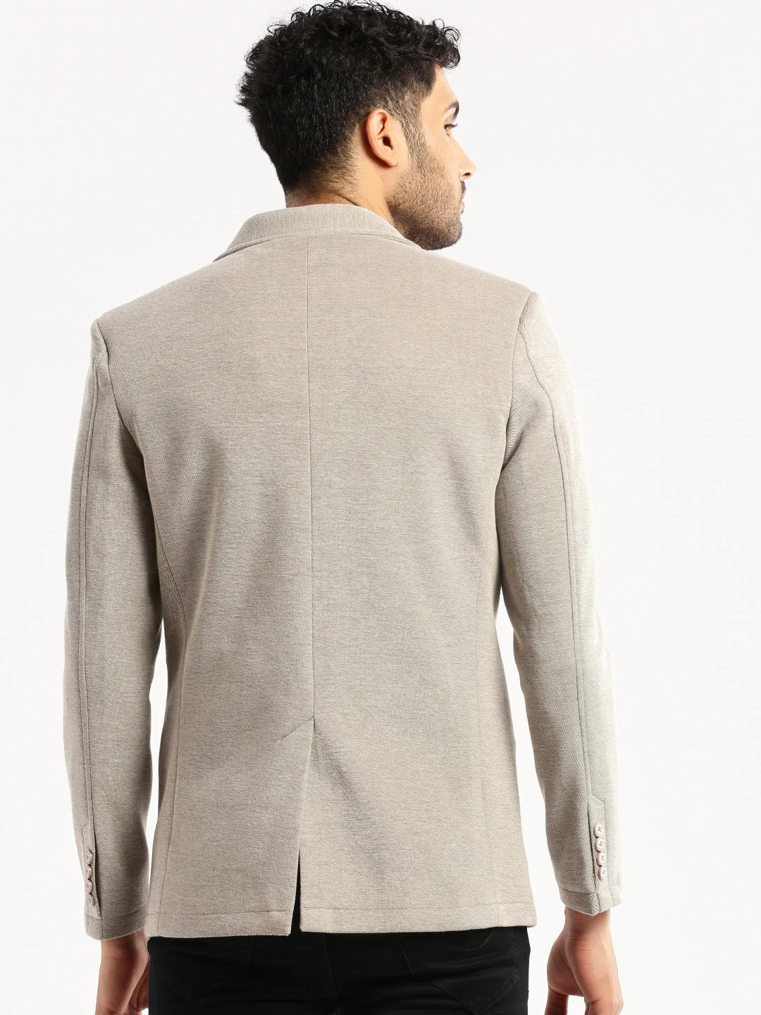 Men Grey Notched Lapel Collar Single-Breasted Slim-Fit Blazer