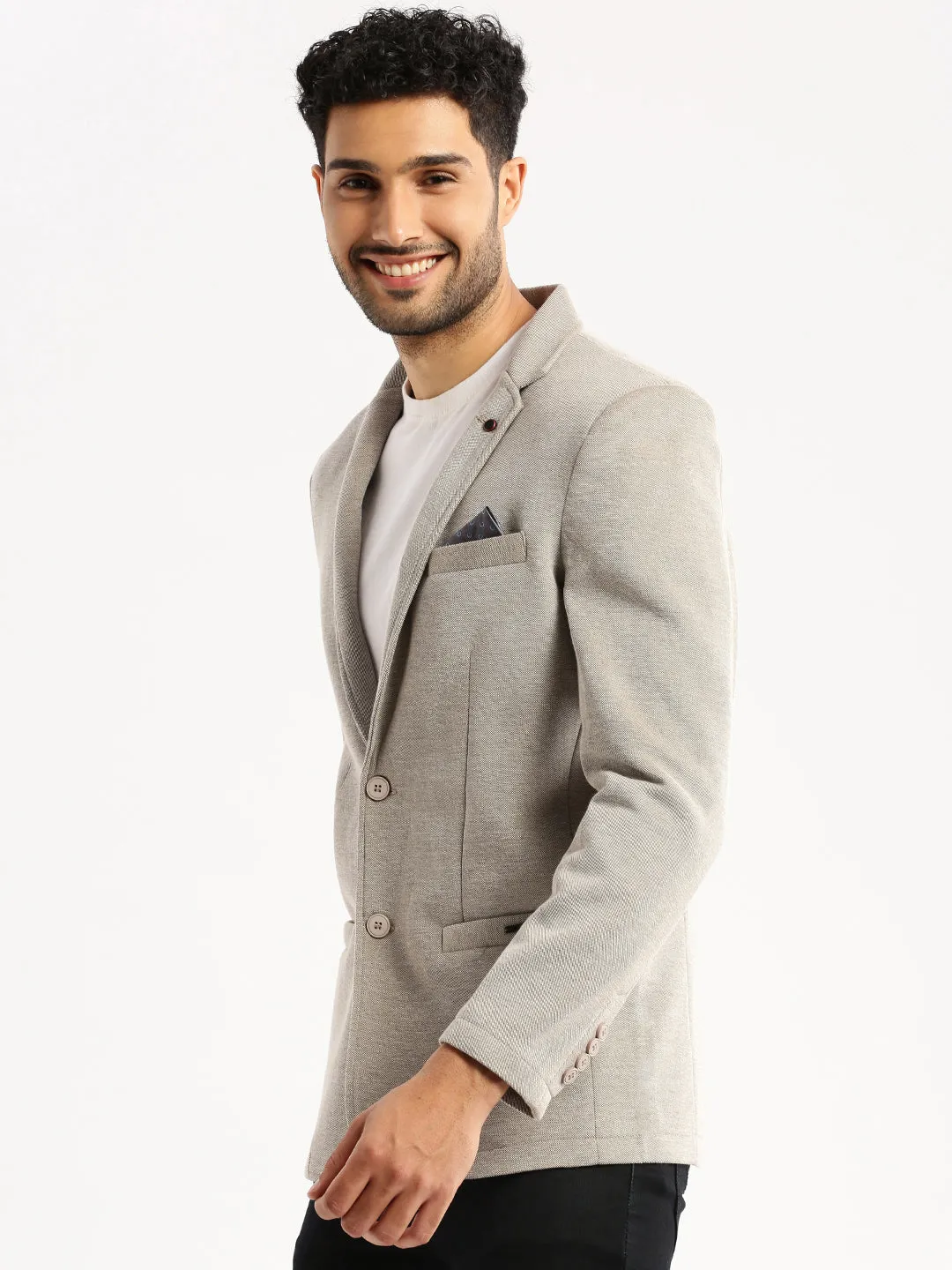 Men Grey Notched Lapel Collar Single-Breasted Slim-Fit Blazer