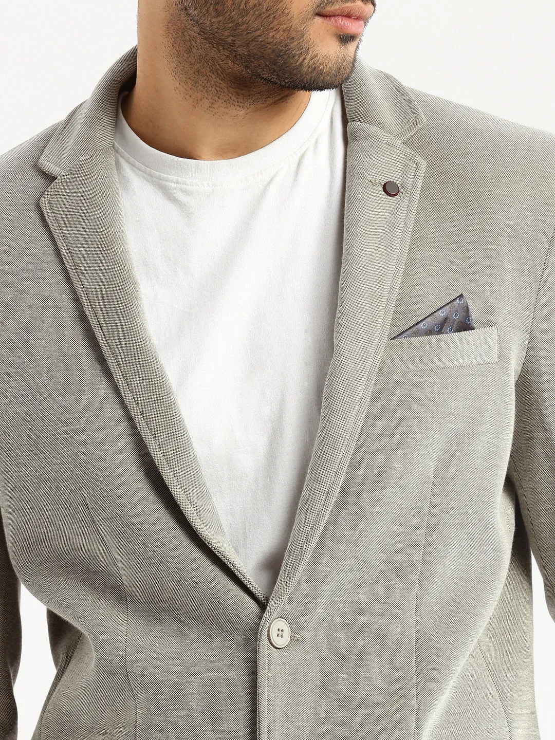 Men Grey Notched Lapel Collar Single-Breasted Slim-Fit Blazer