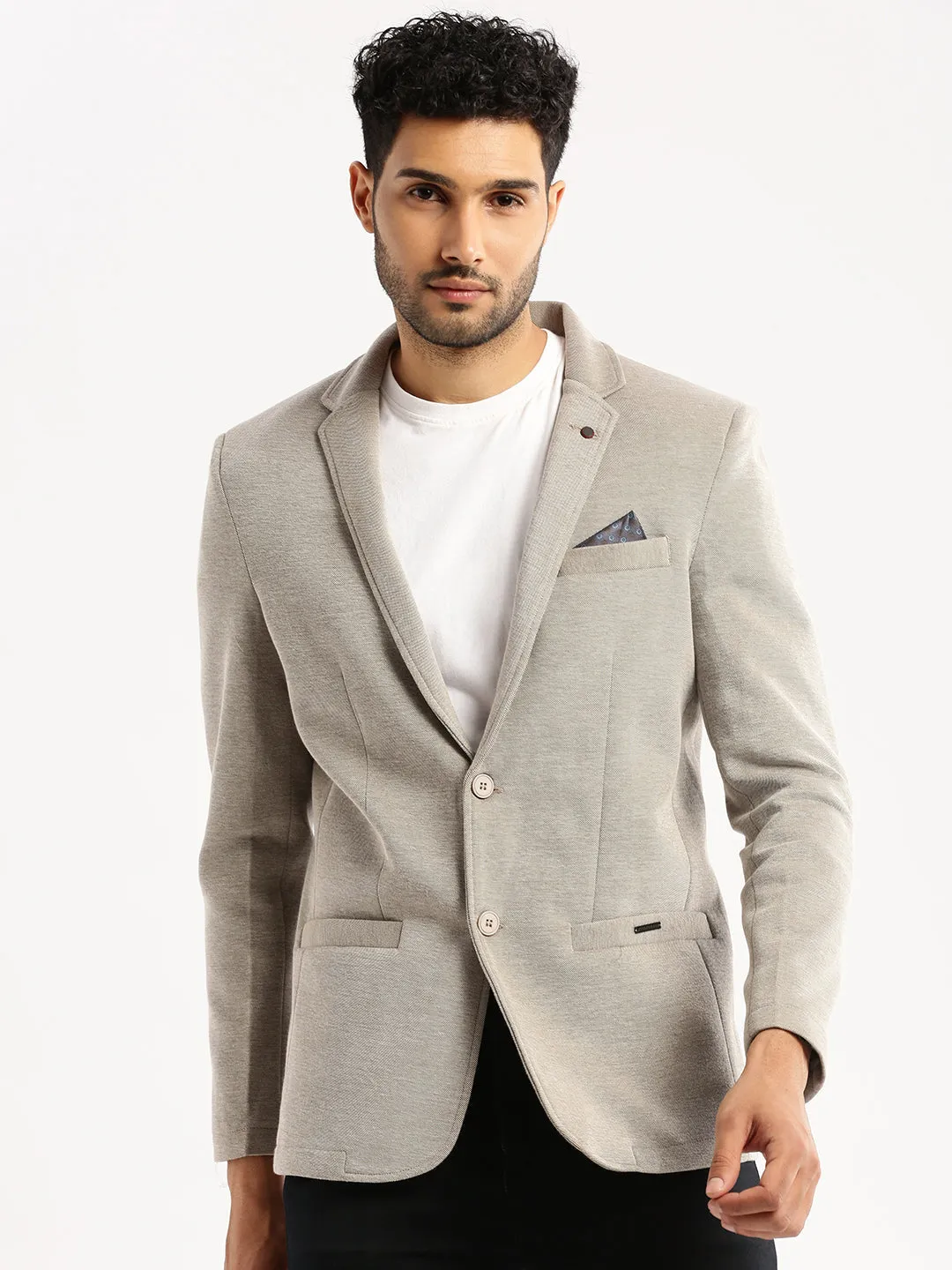 Men Grey Notched Lapel Collar Single-Breasted Slim-Fit Blazer